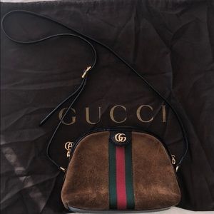 Brown suede & patent black leather Gucci bag